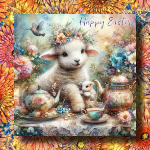 Glad påsk Lamb Watercolor Pastel Tea Garden Julkort