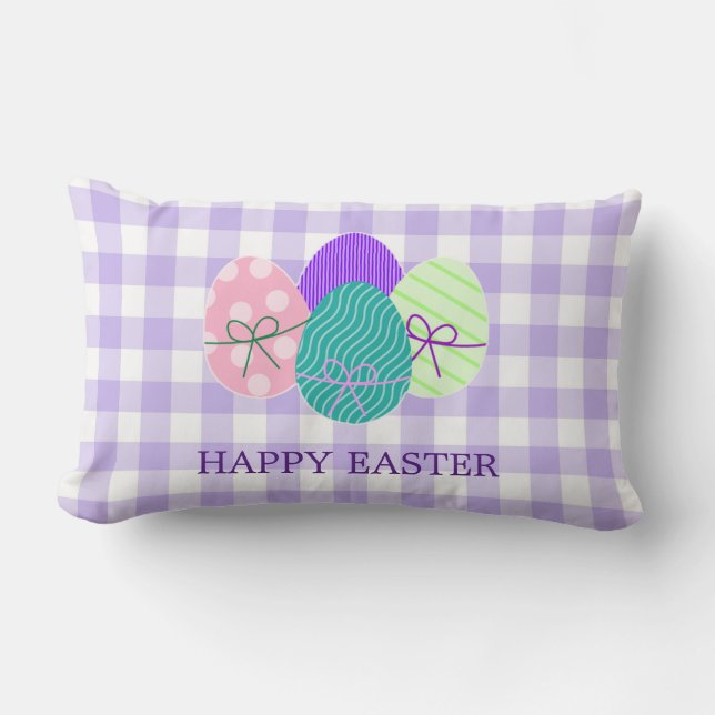 Glad påsk lantlig lavendel gingham mönster lumbarkudde (Framsida)
