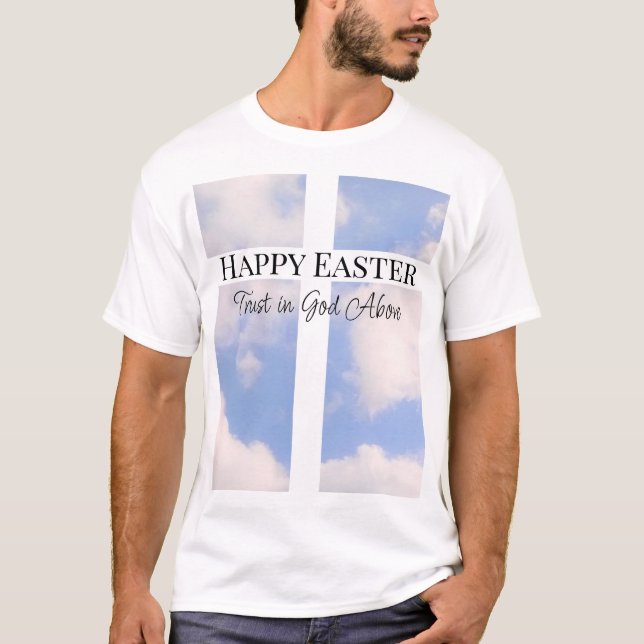 Glad påsk Lita på Gud Blå och Vit T-Shirt (Framsida)