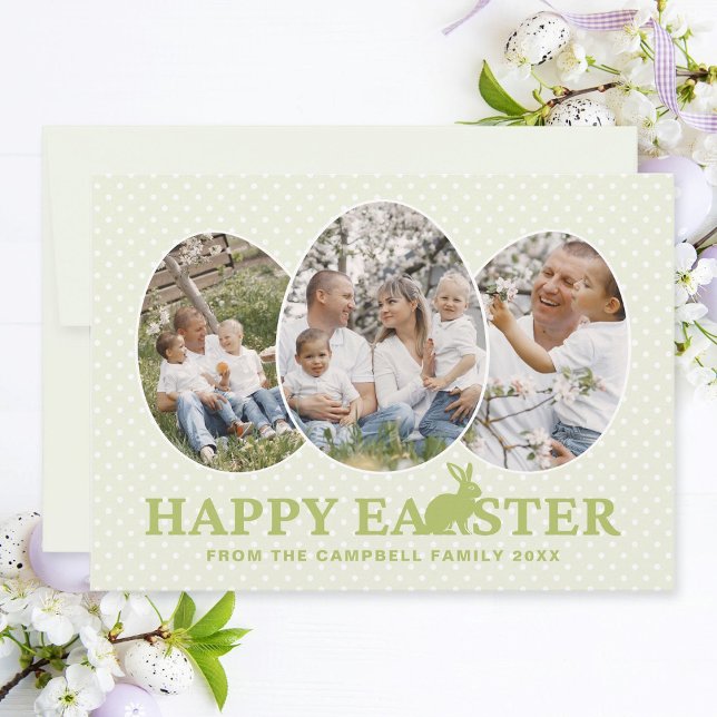 Glad påsk Ljust grönt kaninfotokollage Julkort (Easter family photo collage card with egg-shaped photo frames, pastel green text and bunny.)