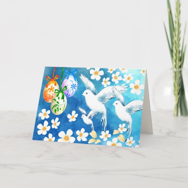 Glad påsk. Målning av påskägg och duvor Helgkort (Framsida)