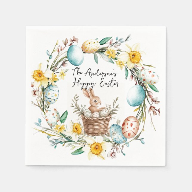 Glad påsk med basket och blommigt Påsk Pappersservett (Framsidan)