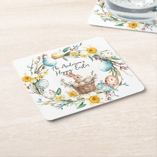 Glad påsk med basket och blommigt Påsk Underlägg Papper Kvadrat (Vinklad)