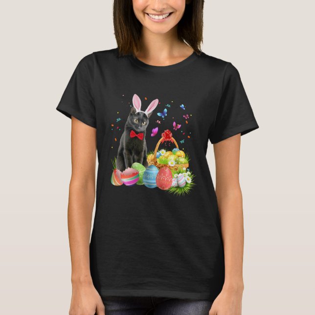 Glad påsk med Cute Bunny Black Cat Eggs Basket T Shirt (Framsida)
