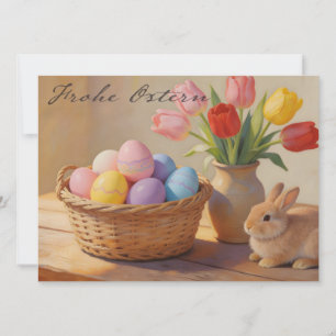 Glad påsk med färgglada ägg och tulpaner
