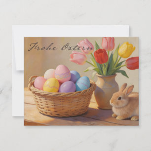 Glad påsk med färgglada ägg och tulpaner