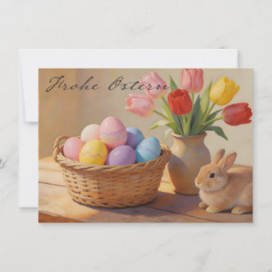 Glad påsk med färgglada ägg och tulpaner