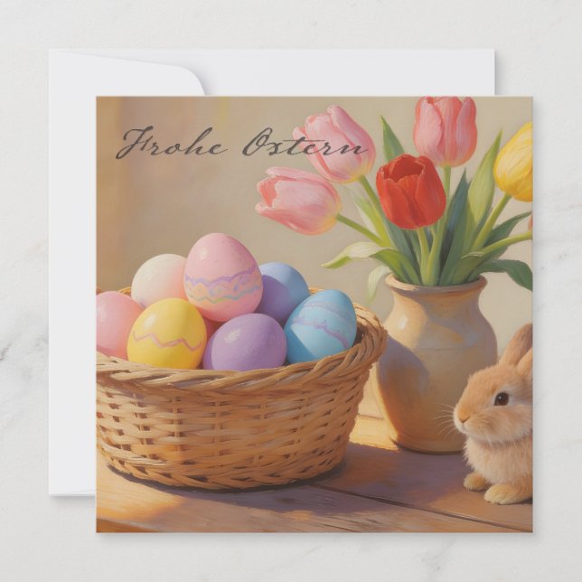 Glad påsk med färgglada ägg och tulpaner anteckningskort (Framsida)