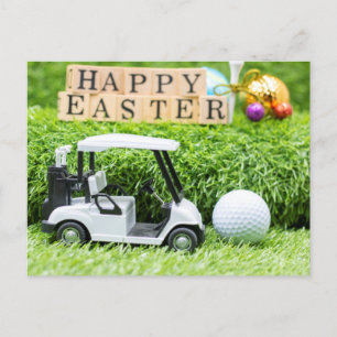 Glad påsk med golfvagn och boll på green vykort