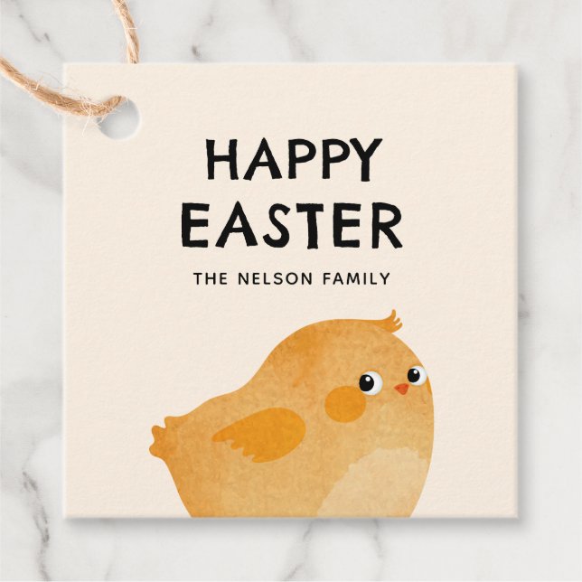 Glad påsk med liten orange kyckling gåvor etiketter (Framsida)