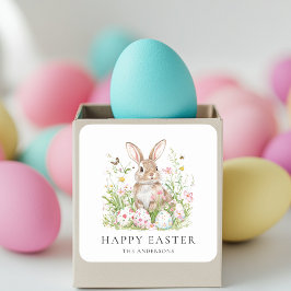 Glad påsk med Namn med familjen |Cute Bunny Fyrkantigt Klistermärke