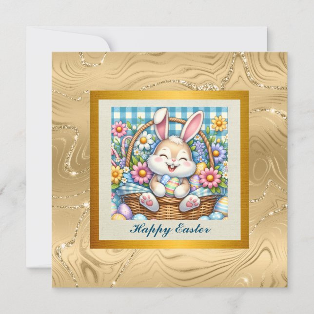 Glad påsk med söt kanin, ägg och blommor inbjudningar (Framsida)