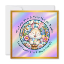 Glad påsk med söt kanin, ägg och blommor