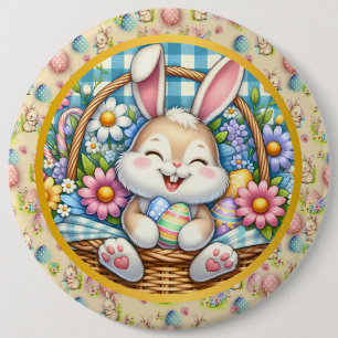Glad påsk med söt kanin, ägg och blommor knapp