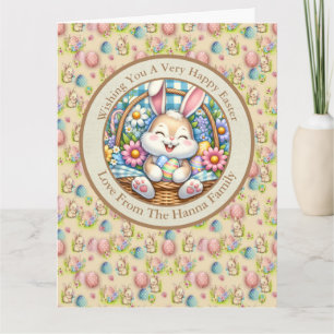 Glad påsk med söt kanin, ägg och blommor kort