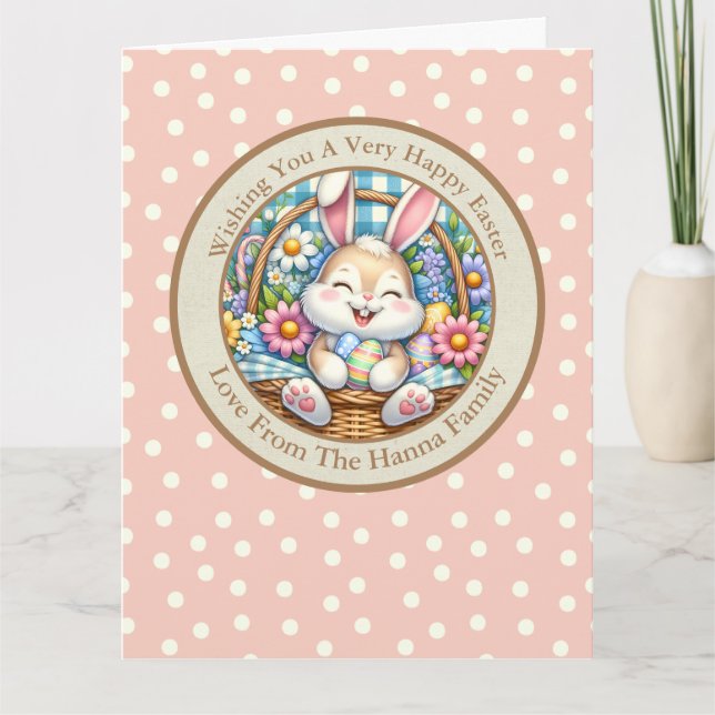 Glad påsk med söt kanin, ägg och blommor kort (Framsida)