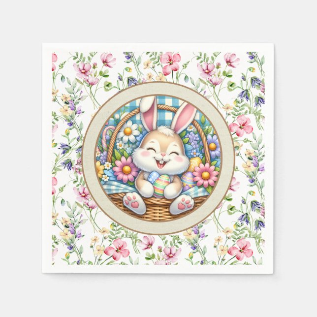 Glad påsk med söt kanin, ägg och blommor pappersservett (Framsidan)