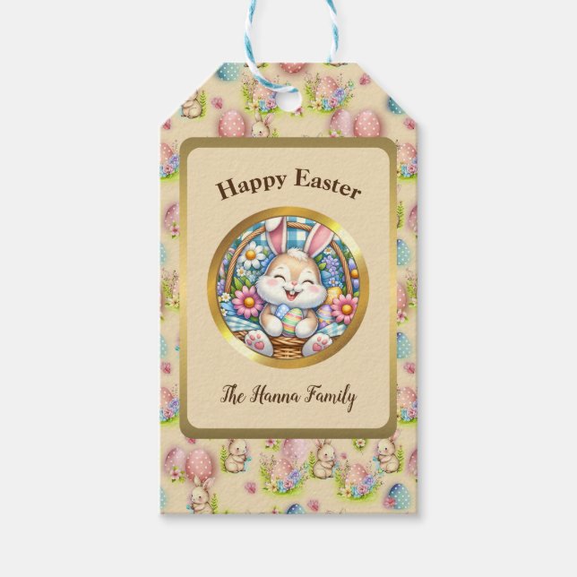 Glad påsk med söt kanin, ägg och blommor presentetikett (Framsidan)
