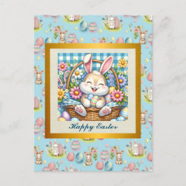 Glad påsk med söt kanin, ägg och blommor vykort