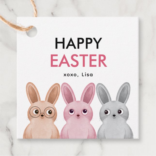 Glad påsk med tre angränsande baby bunnier gåvor etiketter (Framsida)