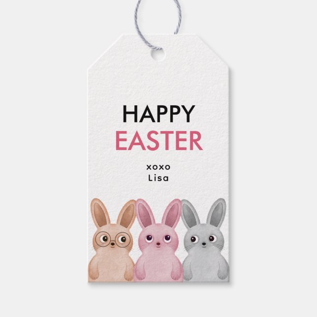 Glad påsk med tre angränsande baby bunnier presentetikett (Framsidan)