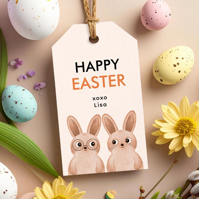 Glad påsk med två söta kaninungar presentetikett (Skapare uppladdad)
