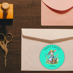 Glad påsk Mint Grönt Vintage Watercolor Bunny Runt Klistermärke