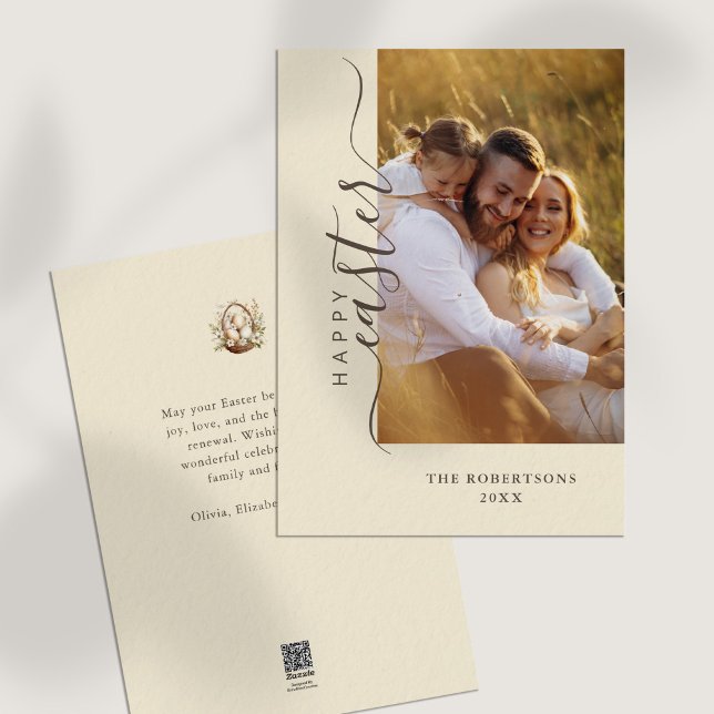 Glad påsk moderna minimalisthälsningskort julkort (Happy Easter Modern Minimalist Greeting Card on a white table.)