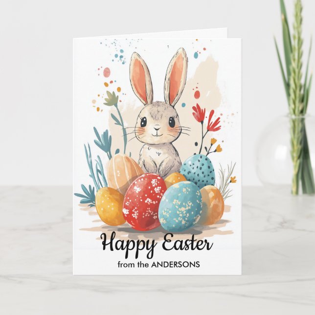 Glad påsk och söta påskharar, ägg och blommor helgkort (Framsida)