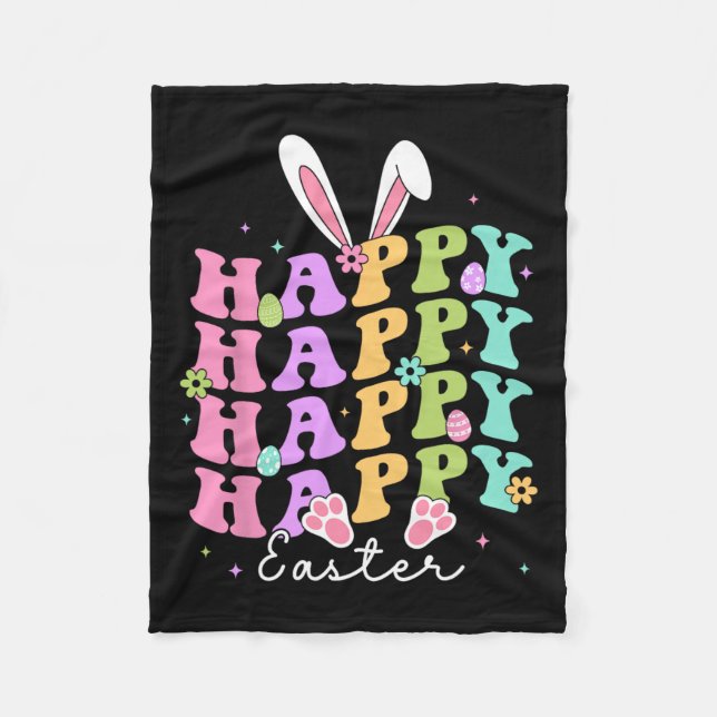 Glad påsk Ord Egg Groovy Bunny Rabbit Kids Fleecefilt (Framsidan)