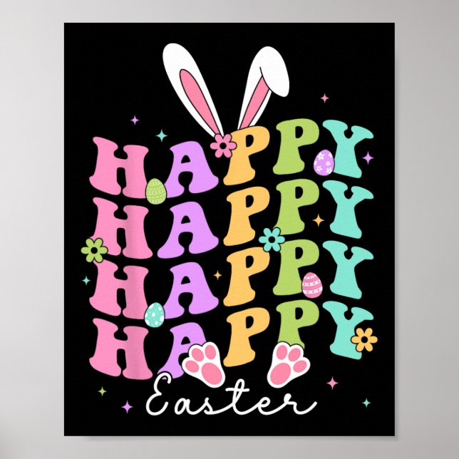 Glad påsk Ord Egg Groovy Bunny Rabbit Kids Poster (Framsidan)