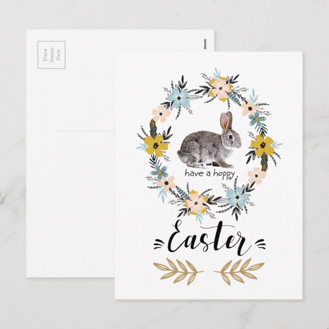 Glad påsk. Påskhare och Vår blommor Helg Vykort (Fram/baksida)