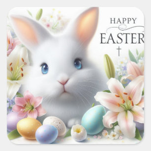 Glad påsk, påskharen, ägg och blommor fyrkantigt klistermärke