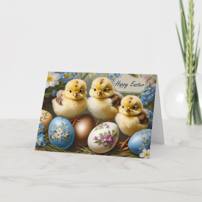 Glad påsk Påskkyckling med blomsterägg Helgkort (Framsida)