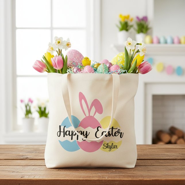 Glad påsk Pastel Eggs och Bunny Öron Anpassningsba Tygkasse (Happy Easter Pastel Eggs and Bunny Ears Custom Tote Bag)