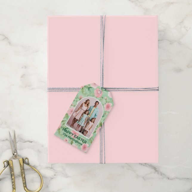Glad påsk Pastel Rosa & Grönt Blommigt Gift-Märkre Presentetikett (Skapare uppladdad)