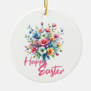 Glad påsk pastel rosa vår blombuquet julgransprydnad keramik