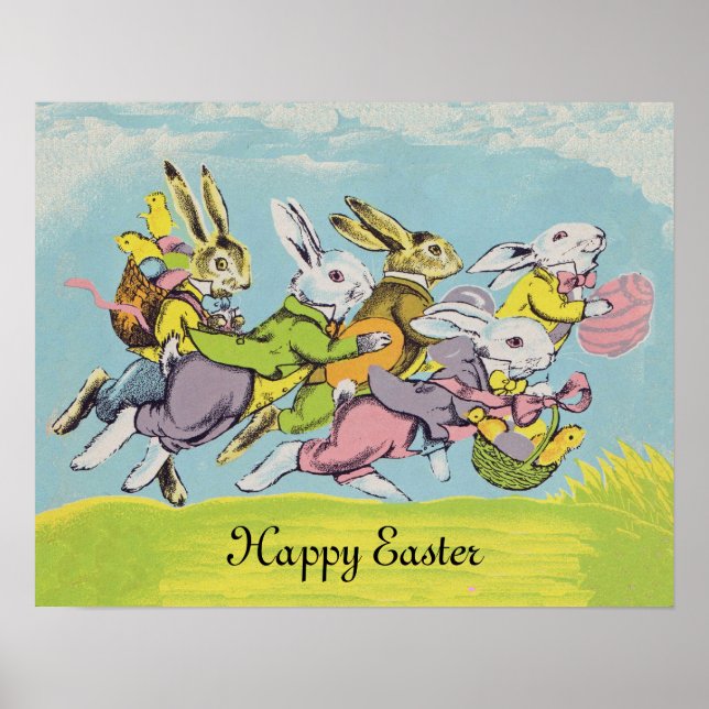 Glad påsk Pastel Running Rabbits Poster (Framsidan)