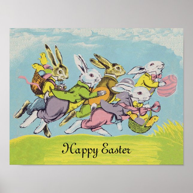 Glad påsk Pastell Färgad Springande Kaniner Poster (Framsidan)