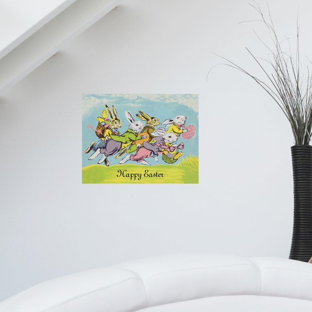 Glad påsk Pastell Färgad Springande Kaniner Poster (Bunch of Easter rabbits pastel coloured clothing eggs baskets running in grass blue sky on poster.)