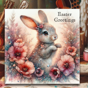 Glad påsk Peach Watercolor Blommigt Bunny Påsk Julkort
