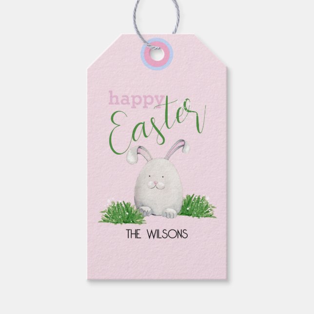 Glad påsk Pet Bunny Watercolor Illustration Presentetikett (Framsidan)