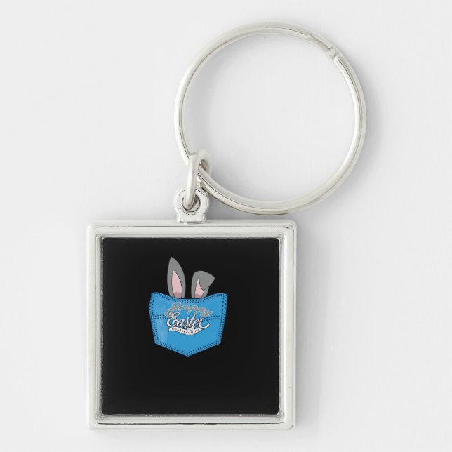 Glad påsk Pop Peeking Bunny Fyrkantig Silverfärgad Nyckelring (Framsidan)