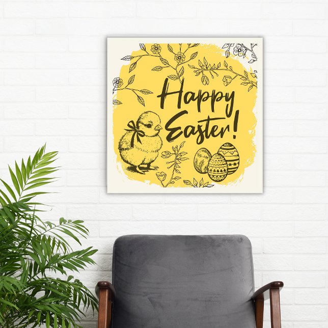 Glad påsk Poster Gult Vår hemdekan för  (Floral Line Art Yellow Chick Eggs Happy Easter Poster)