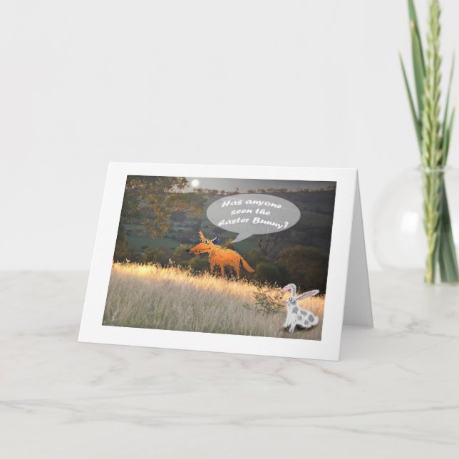 Glad påsk, räv och påskhare, humor helgkort (Framsida)
