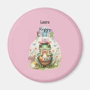 Glad påsk Rosa Hat Frog med ägg för läderår Magnet