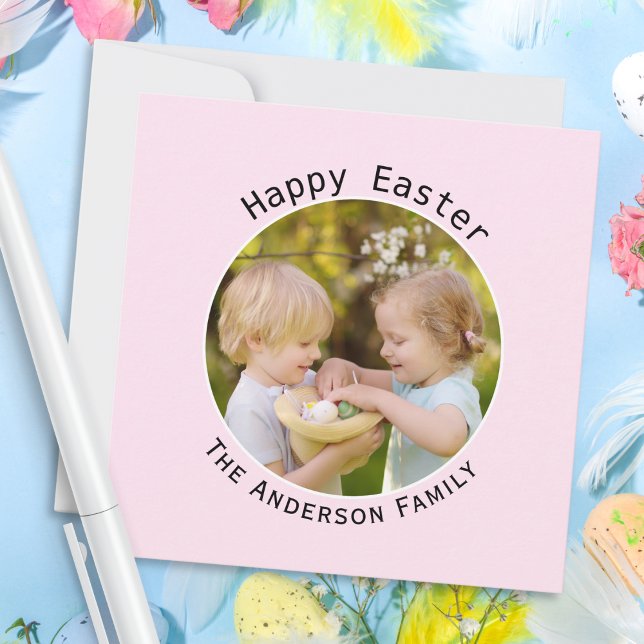 Glad påsk Rosa Photo Hälsning Julkort (A simple, pastel pink Easter card, to personalize with your own photo and name(s))