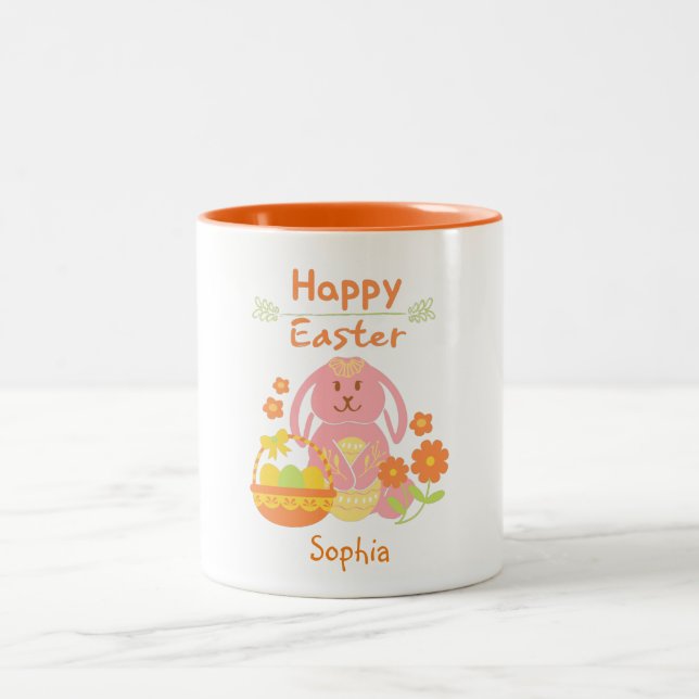 Glad påsk Rosa Rabbit and Flowers Två-Tonad Mugg (Center)