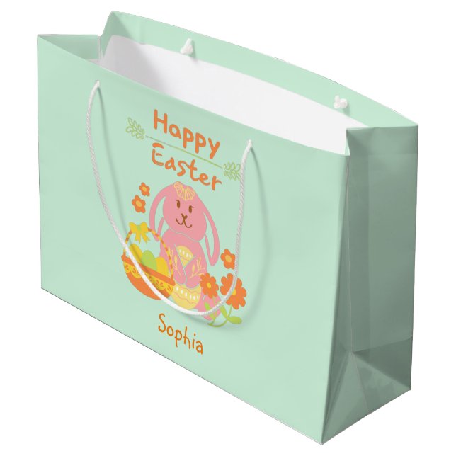Glad påsk Rosa Rabbit och Flowers Large Gift Ba (Baksidan Vinklad)