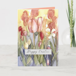 Glad påsk Rosa Tulips Daffodil Watercolor Kort